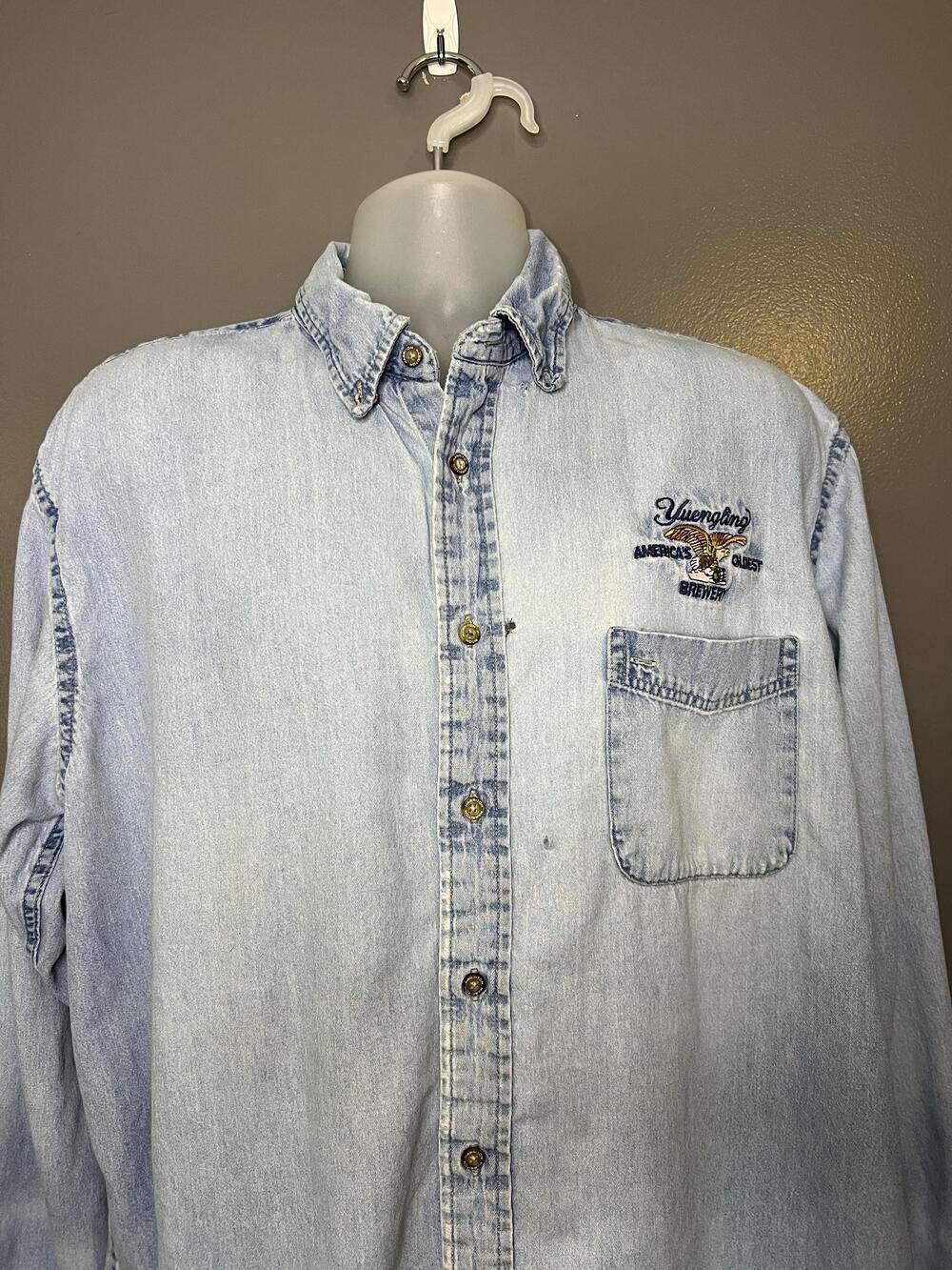 Yuengling Beer Harriton Shirt Mens XL Blue Denim Button Down Embroidered Pocket